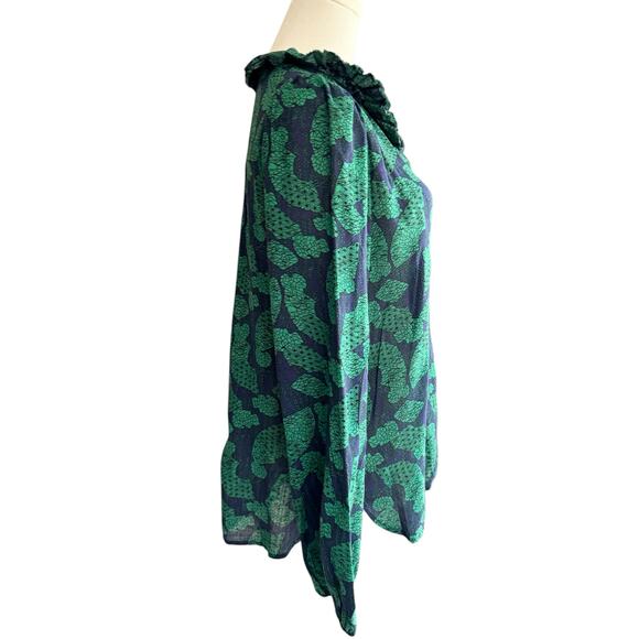 Bucket List Green and Navy Lightweight Cotton Button Up Ruffle Neck Blouse Small - Picture 8 of 12